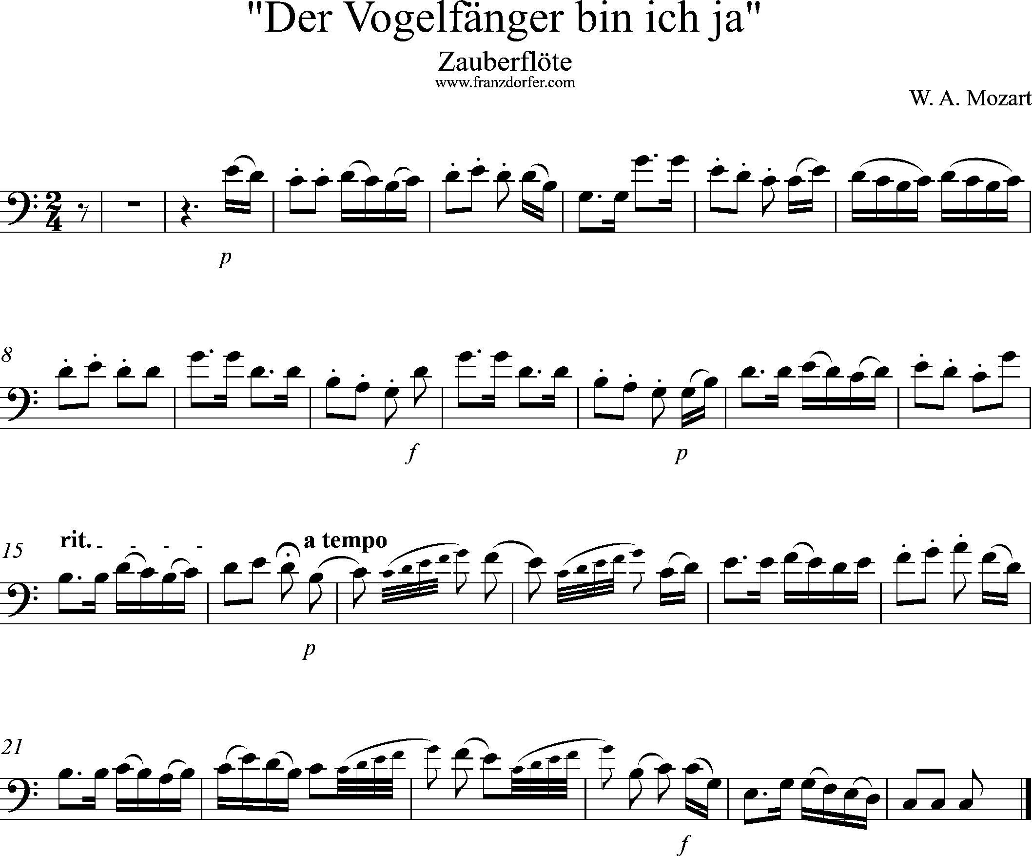 Zauberflöte, Vogelfängerlied, Solostimme, Bassschlüssel, C-Dur